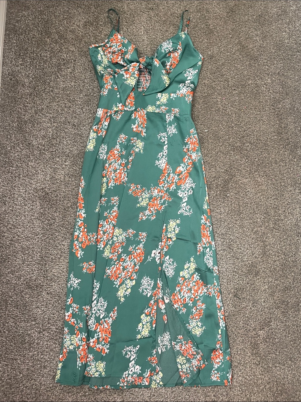 Green Floral Midi Dress with Front Tie